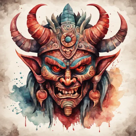 Disagreeable Demon in watercolor painting mayan design art style