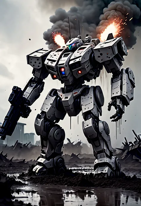 cinematic photo cinematic A huge 100ft tall big bulky Thick armored Grey future Robot mech, ((raising its guns weapons to point and to fire at the viewer)), ((explosions and Shrapnel and mud and debis flying around the image)) and making many small holes i...