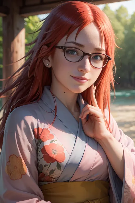 (masterpiece), (((highest quality)), (super detailed), 1 girl, karin uzumaki,  uzumaki  karin, long red hair, messy hair, hair between eyes, red eyes, glasses, (yukata: 1.2), outdoor, blue sky, blue water, smile, red eyes, glowing eyes, (perfect hands), ha...