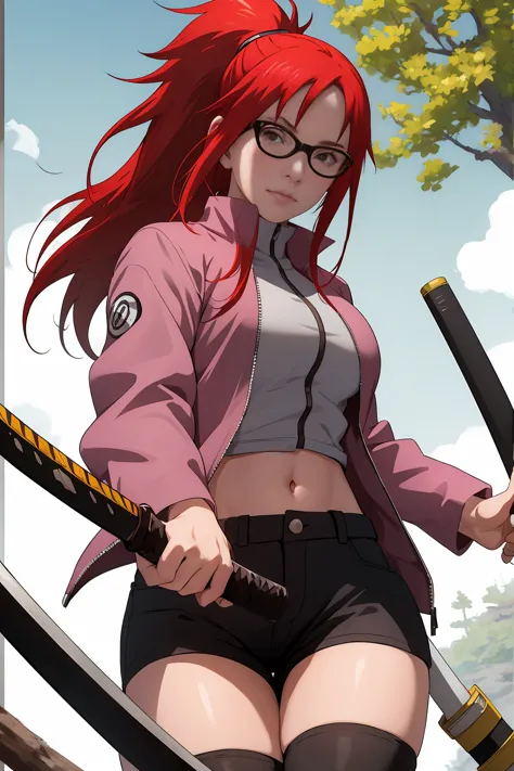 masterpiece, best quality, highres, karin uzumaki  from naruto, 1girl, long hair, red hair, ponytail, glasses, red eyes, large b...