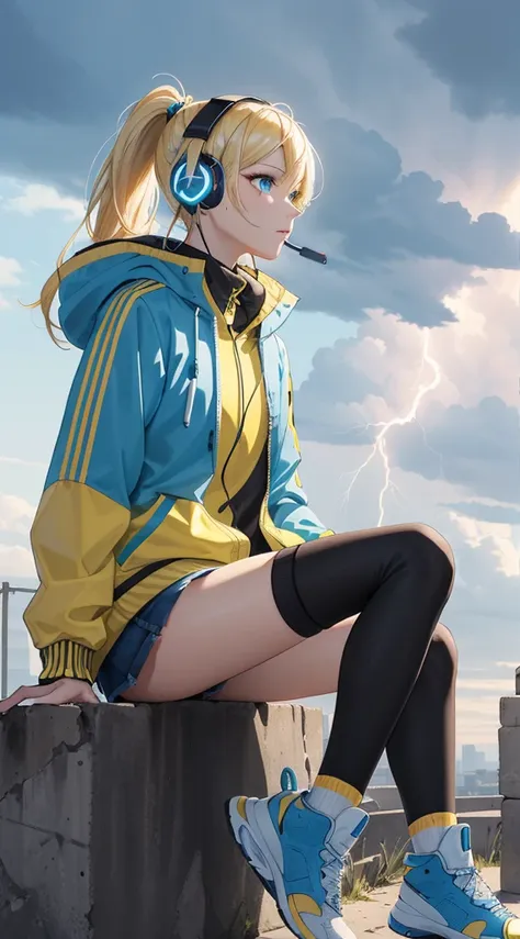 masterpiece,high resolution,streaks of light,lightning,intense thunder,thunderbolt,yellow thunder,girl,blonde,ponytail,blue eyes...