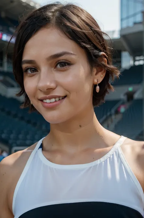 girl, sports dress, stadium, people, black hair, very short hair, white eyes, wide eyes, color contact lenses, earrings, smile, crazy, Hyperrealism, depth of field, close-up, UHD, masterpiece, super detail, highres, 8k