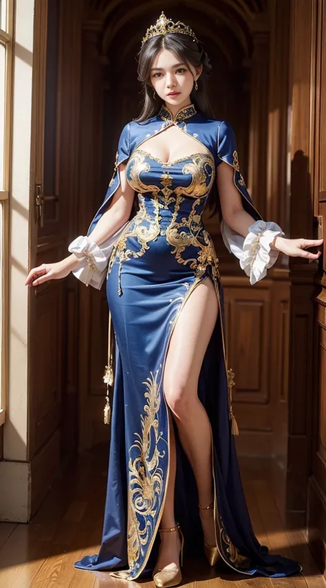 a woman in a long dress standing in a hallway, intricate victorian dress, intricate fantasy dress, baroque dress, captivating and enticing, gorgeous lady, ornate dress, cheongsam, gold brocaded dark blue clothes, wearing an ornate outfit, intricate dress, ...