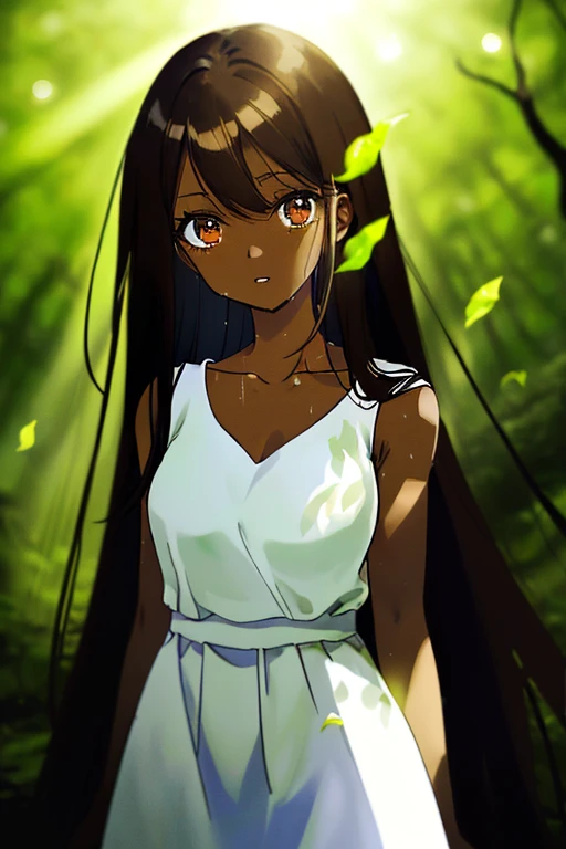 masterpiece, high quality, highres, 1girl, looking at viewer, face focus, (collarbone), (thighs), ((dark skin)), wet skin, very long Black hair, Each strand of hair is fine, hair between eyes, long bangs, messy hair, Wet hair beautiful and delicate ((brown...