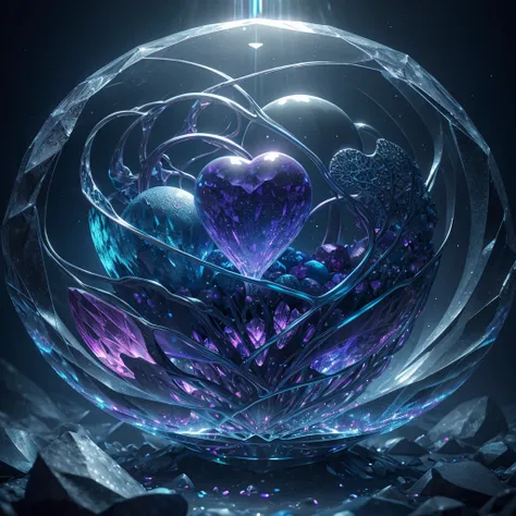 big crystal with many hearts inside, fantasy, cinema 4d, polished, colorful, intricate, eldritch, ethereal, vibrant, surrealism, surrealism, vray, nvdia ray tracing, cryengine, magical, 4k, 8k, masterpiece, glowing, iridescent, misty