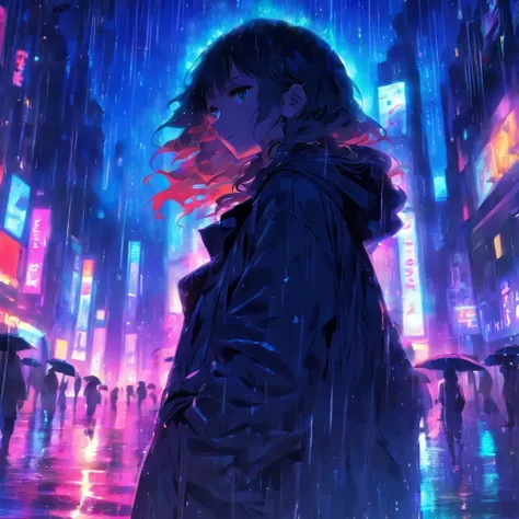 1 girl,City of night,rain,coat,put one&#39;s hand in one&#39;s pocket