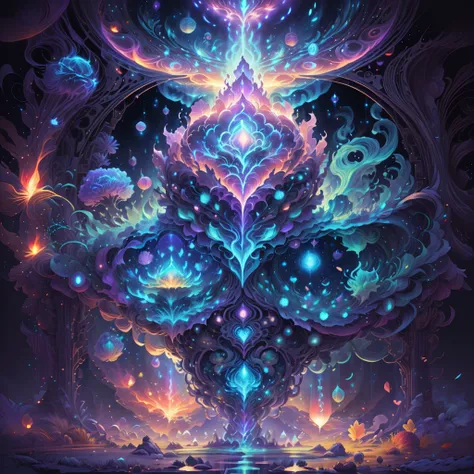 Represents the fusion of the heart with the supernatural realm and the vast universe. Imagine an ethereal and mysterious scenario. A heart shines with a soft, sparkling light. The heart seems to be floating in a translucent mist, evoking a sense of mystery...