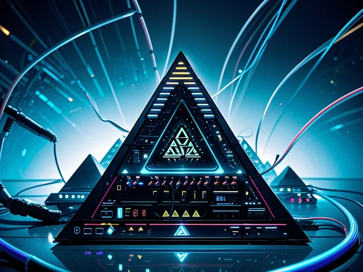 distant universe、Pyramid mother computer、black pyramid、tangled wires、wires strung out、