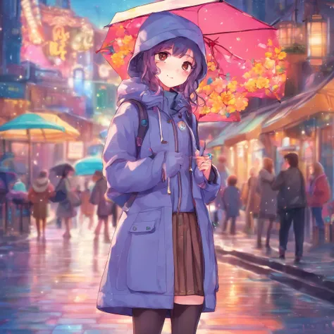 1 girl,City of night,rain,coat,put one&#39;s hand in one&#39;s pocket