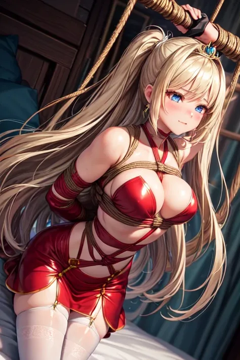 Shiny blond hair, loose hair, very long hair, sophisticated haircut, thin and oval face, very sexy and sophisticated transparent red dress, sexy red very transparent clothes, thighhigh stockings, embarrassed, submissive, nervous smile, cute and blushing 18...