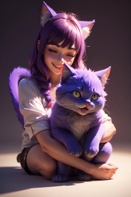 3D illustration of happy person with a purple glowing cat sitting in furgold art