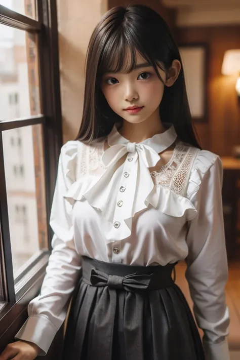 (upper body) , masterpiece , top quality , very detailed , 1 person, (contrasting eyes) , standing , blouse, skirt , bangs , room , indoor