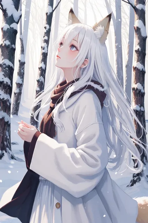 masterpiece,highest quality,girl,fox ears,white hair,long hair,white clothes,winter forest,snow,dreamlike digital painting, magical colors and atmosphere,soft movie-like light,look up