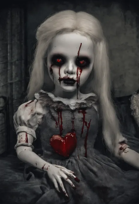 A outstunding, Masterpiece, Creepy blond little doll, with red eye, blood, creepy smiling in a room on a bed, at night holding a heart