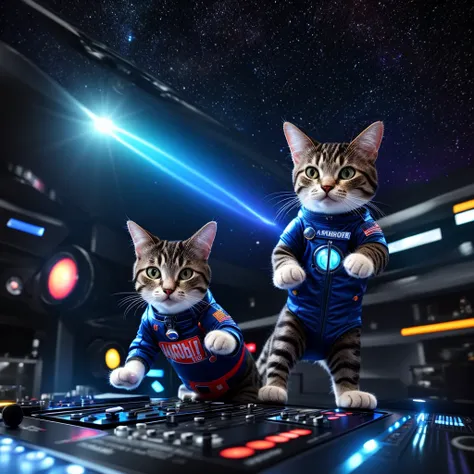 hyper realistic cat wearing astronout suit, playing dj music, 1 hand up,renderizado ....3d fofa, renderizado ..3D estilizado, Q version, ..3D rendering 8K character art, Digital painting nice, ......3d, Super detailed rendering night club background