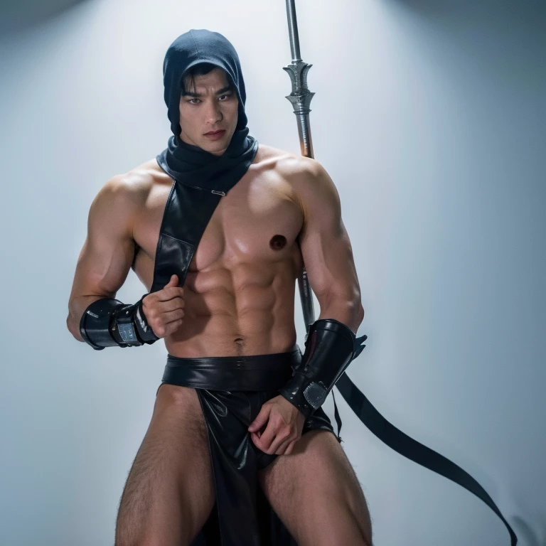 Obra prima, Roboto, sub zero mortal Kombat, holding in his hands an ice sword,   ultra realista 8k , full length shot. nsfw , sexy  , eroticism , show handsome  face  , latex , swollen nipples , puffy nipples , hips , thighs 