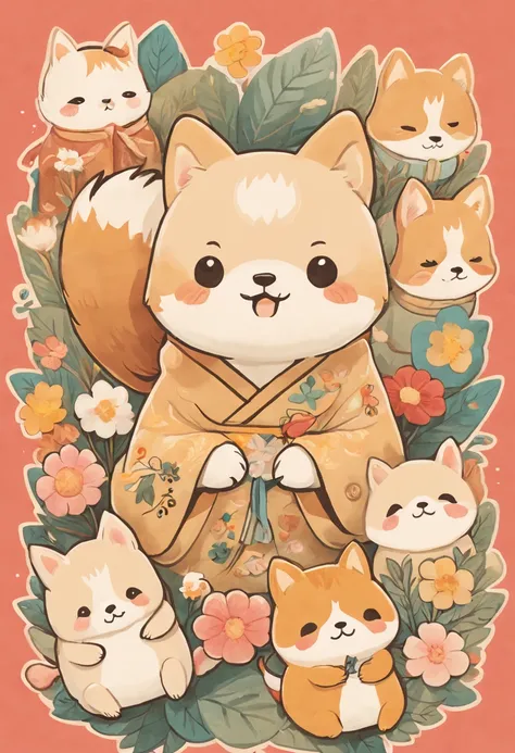 masterpiece, there are many different animals and words written in chinese, hand painted cartoon art style, art cover, kawaii cutest sticker ever, sticker illustration, by Shiba Kōkan, by Kōno Michisei, cute features, 中 元 节, by Gusukuma Seihō, stickers ill...