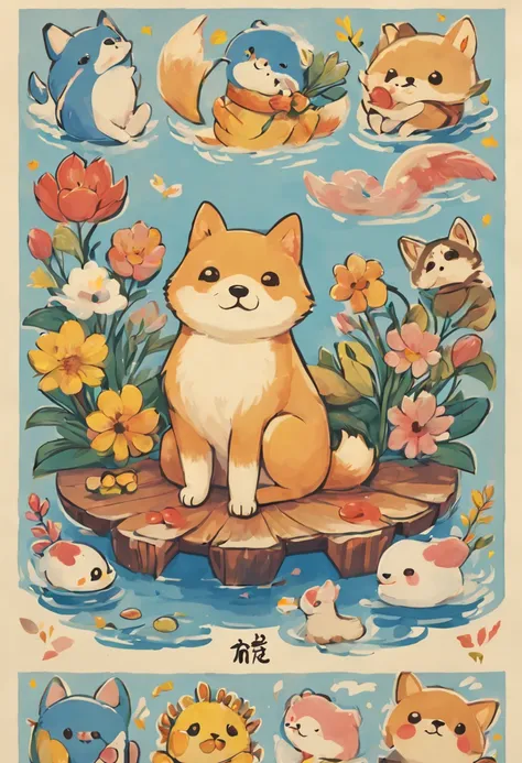 masterpiece, there are many different animals and words written in chinese, hand painted cartoon art style, art cover, kawaii cutest sticker ever, sticker illustration, by Shiba Kōkan, by Kōno Michisei, cute features, 中 元 节, by Gusukuma Seihō, stickers ill...