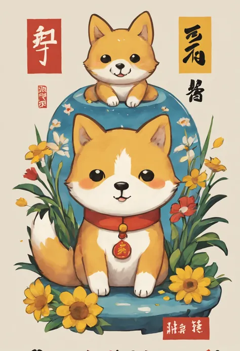 masterpiece, there are many different animals and words written in chinese, hand painted cartoon art style, art cover, kawaii cutest sticker ever, sticker illustration, by Shiba Kōkan, by Kōno Michisei, cute features, 中 元 节, by Gusukuma Seihō, stickers ill...