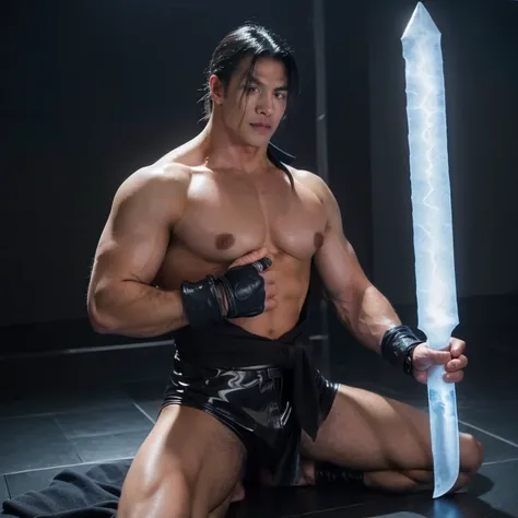   sub zero mortal Kombat, holding in his hands an ice sword,   ultra realista 8k , full length shot. nsfw , sexy  , eroticism , show handsome  face  , latex , swollen nipples , puffy nipples , hips , thighs  , handsome man , 16k resolution , ultra-high cla...