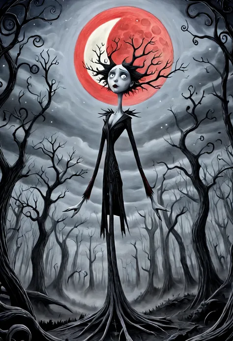 monochrome (pencil scektch:1.3),(she:1.15) in the woods inspired by tim burton, a strange tree with angular branches stretches t...