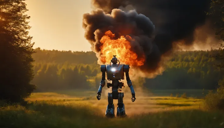 robot exhales flame and smoke, field, the forest, summer sunny landscape