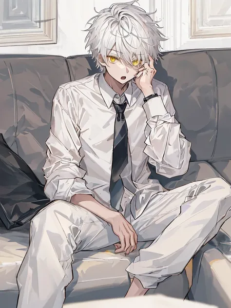 1boy, male focus, sitting, on couch, couch, crossed legs, hand on own face, white shirt, shirt, black pants, pants, necktie, indoors, solo, looking at viewer, open mouth, white hair, yellow eyes,  short hair, best quality, amazing quality, best aesthetic, ...