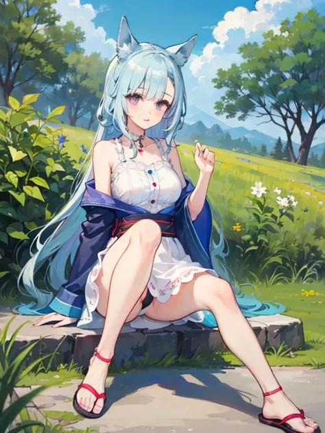 ((highest quality)), ((masterpiece)), (be familiar with), perfect face, one girl、cute、Noble、15 years old、big breasts、breasts、small face、baby face、long hair、silky hair、Habitual hair、Braid in one place、bluish silver hair、light blue kimono、Sheer clothes、summe...