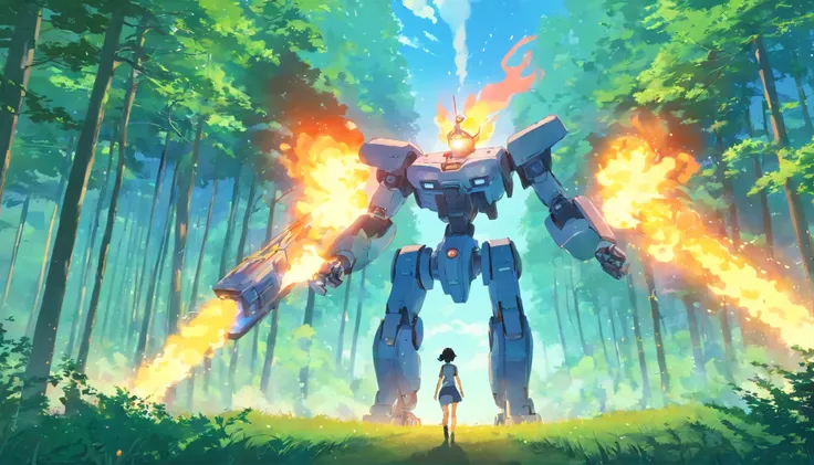 robot exhales flame and smoke, field, the forest, summer sunny landscape