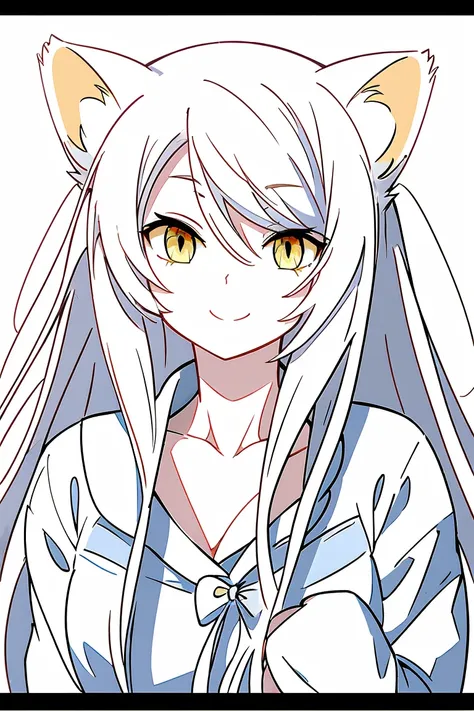 slight smile,white cat woman,yellow cat eyes,long sleeved pajamas,open chest,background black 8k、top quality face、top quality ey...