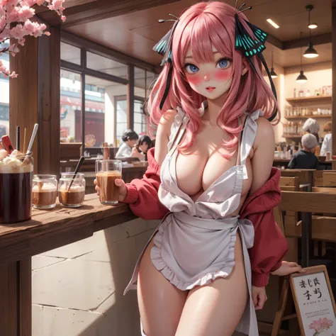 1girl in, 独奏, Nakano Nino, Pink hair, butterfly hair ornament, (barechested:1.3), (White apron),, cleavage of the breast, thighs thighs thighs thighs, Cafe background, (red blush:1.3), opening legs