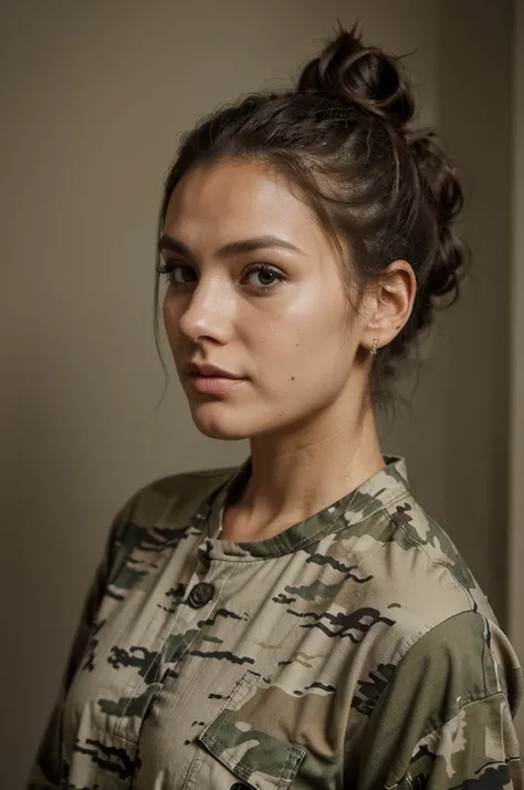 woman, messy bun, camouflage shirt, mid shot portrait, portrait pose, official, professional look, looking from side