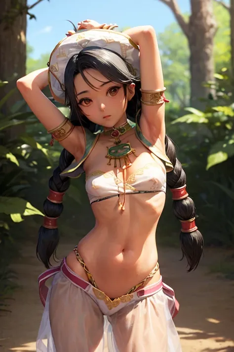 (masterpiece, best quality:1.2), cowboy shot, solo, 1girl, talim, dark skin, dark-skinned female, expressionless, closed mouth, looking at viewer, twintails, braid, hat, arabian clothes, see-through, bandeau, shorts, jewelry、頭の後ろで腕組み,脇見せる、脇を見せる、脇,ARMPIT,ar...