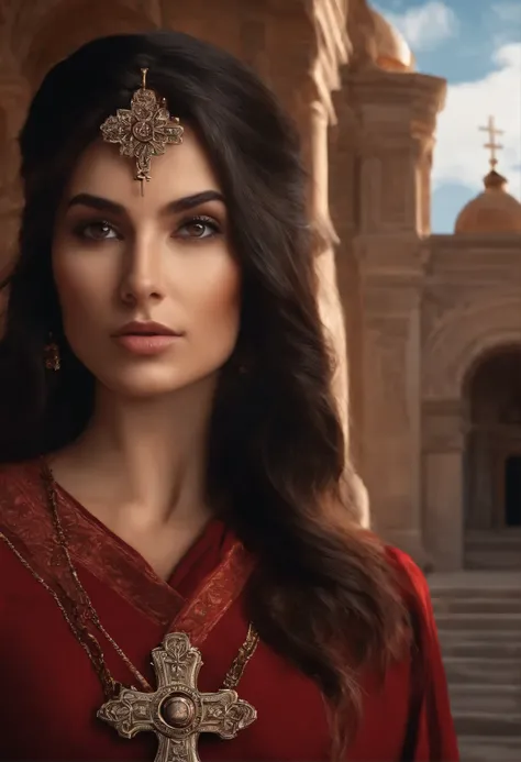 ((face end eyes)), ((hyper realistic)), (higly detailed), perfect face, beautiful girl  black hair brown eyes,red byzantine dress, wearing  a byzantine Cross on neck ,standing in front of Byzantine building, Epoch Byzantine,