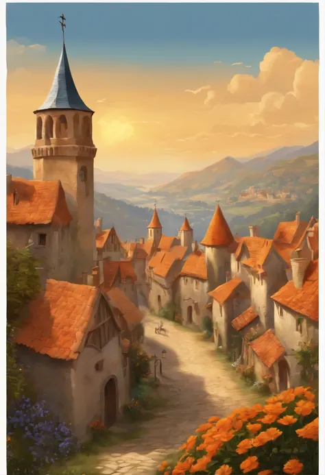 a sunny illustration of a medieval village from the movie Puss in Boots with shades of orange