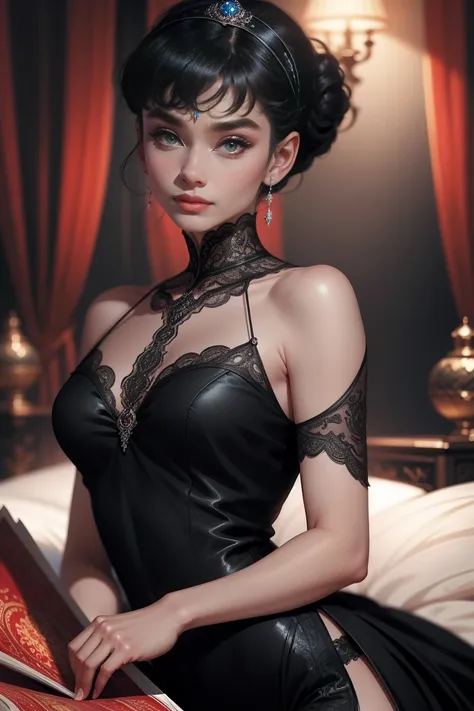 (Masterpiece - Ultra-Detailed, High Resolution) Prepare to be enchanted by a true masterpiece that combines ultra-detailed art with high-resolution rendering. This work shows a mesmerizing woman, with short, black hair, 1928s style,  Audrey Hepburn (1.3) a...