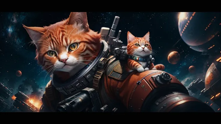 cinematic photo a detailed award winning photo, cute red haired cat space pirate on his spaceship ,realistic fur, fangs , angry, holding a big futuristic gun, epic pose, high quality photography, 3 point lighting, flash with softbox, 4k, Canon EOS R3, hdr,...