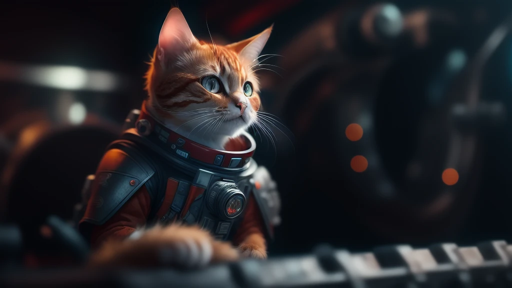 cinematic photo a detailed award winning photo, cute red haired cat space pirate on his spaceship ,realistic fur, fangs , angry, holding a big futuristic gun, epic pose, high quality photography, 3 point lighting, flash with softbox, 4k, Canon EOS R3, hdr,...