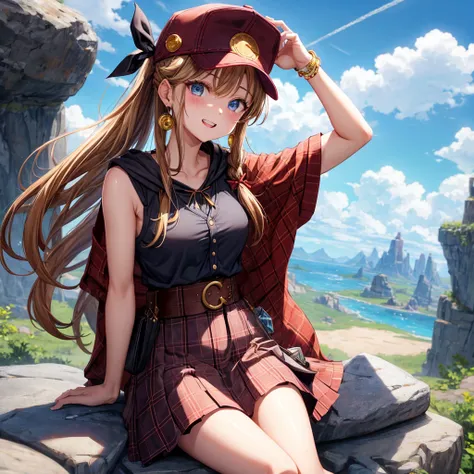 reddish-brown blonde、blue eyes、Braid、ponytail、one good looking girl、solo、anime、Plaid miniskirt、the skirt has buttons、camisole、black t-shirt、dress、Doing the ribbon、Ribbon at waist、cloak、Crystal Grotto、hood、desert、clouds are swirling、stone slabs are piled up...