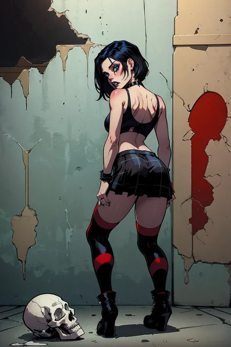 a woman with short black hair, hair on shoulders,  wearing a black cropped  and plaid skirt, blue eyes, zombie art, gothic art, cute aesthetic with vibe, toon aesthetic, wearing red costume, wearing gothic accessories, look like Cassie Hack, whole body, ba...