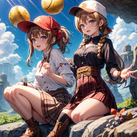 reddish-brown blonde、blue eyes、Braid、ponytail、one good looking girl、solo、anime、Plaid miniskirt、the skirt has buttons、camisole、black t-shirt、dress、Doing the ribbon、Ribbon at waist、cloak、Crystal Grotto、hood、desert、clouds are swirling、stone slabs are piled up...