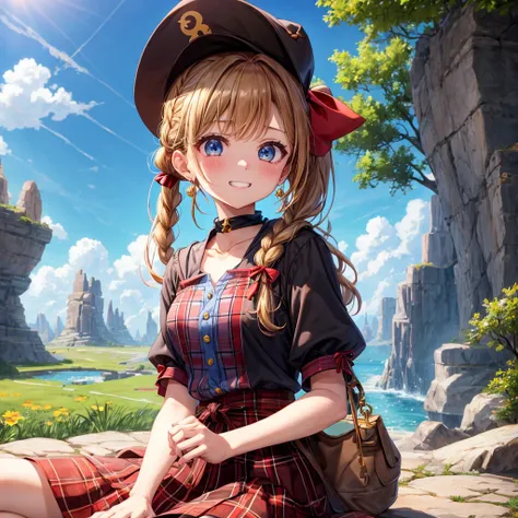 reddish-brown blonde、blue eyes、Braid、ponytail、one good looking girl、solo、anime、Plaid miniskirt、the skirt has buttons、camisole、black t-shirt、dress、Doing the ribbon、Ribbon at waist、cloak、Crystal Grotto、hood、desert、clouds are swirling、stone slabs are piled up...