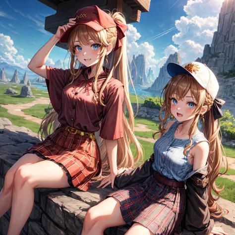 reddish-brown blonde、blue eyes、Braid、ponytail、one good looking girl、solo、anime、Plaid miniskirt、the skirt has buttons、camisole、black t-shirt、dress、Doing the ribbon、Ribbon at waist、cloak、Crystal Grotto、hood、desert、clouds are swirling、stone slabs are piled up...