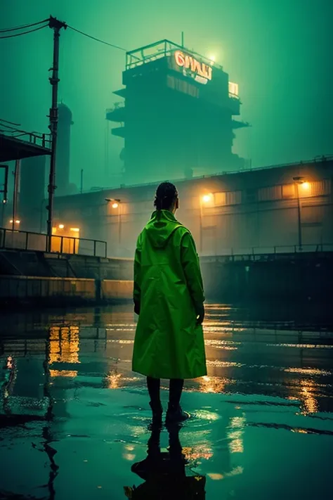 a woman standing in the middle of a body of water, cyberpunk art, inspired by Michael Whelan, retrofuturism, with a yellow green smog sky, stalenhag style, woman in a dark factory, atey ghailan and mike mignola
