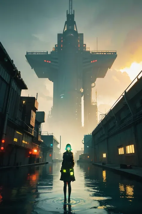 a woman standing in the middle of a body of water, cyberpunk art, inspired by Michael Whelan, retrofuturism, with a yellow green smog sky, stalenhag style, woman in a dark factory, atey ghailan and mike mignola
