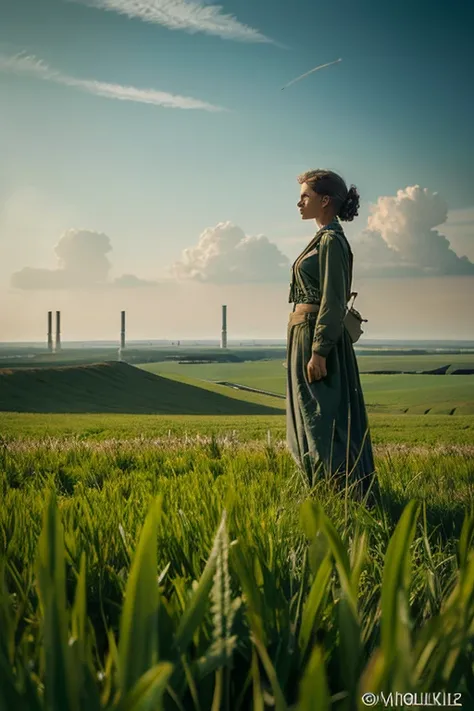 a woman standing on top of a lush green field, by Mike Winkelmann, nuclear art, stood in a factory, michael whelan and karol bak, overlooking a desolate wasteland, beeple and jeremiah ketner
