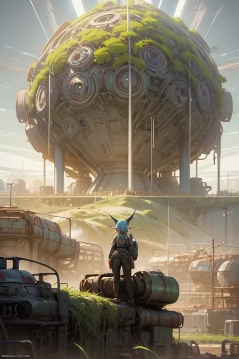 a woman standing on top of a lush green field, by Mike Winkelmann, nuclear art, stood in a factory, michael whelan and karol bak, overlooking a desolate wasteland, beeple and jeremiah ketner
