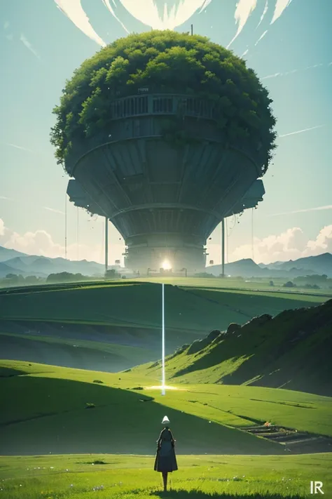 a woman standing on top of a lush green field, by Mike Winkelmann, nuclear art, stood in a factory, michael whelan and karol bak, overlooking a desolate wasteland, beeple and jeremiah ketner
