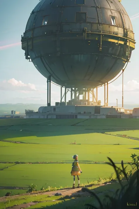 a woman standing on top of a lush green field, by Mike Winkelmann, nuclear art, stood in a factory, michael whelan and karol bak, overlooking a desolate wasteland, beeple and jeremiah ketner
