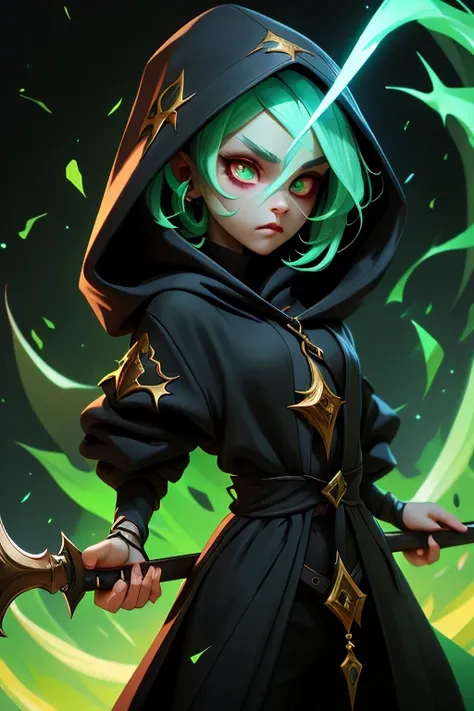 a person holding long magic wand, black hoodie, green eye, necromancer, close up